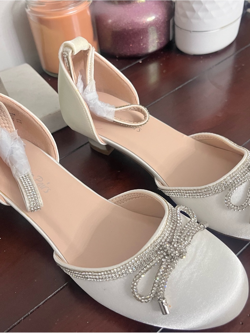 Dream Pairs Ivory Satin Girls D'Orsay Flats with Rhinestone Bow
